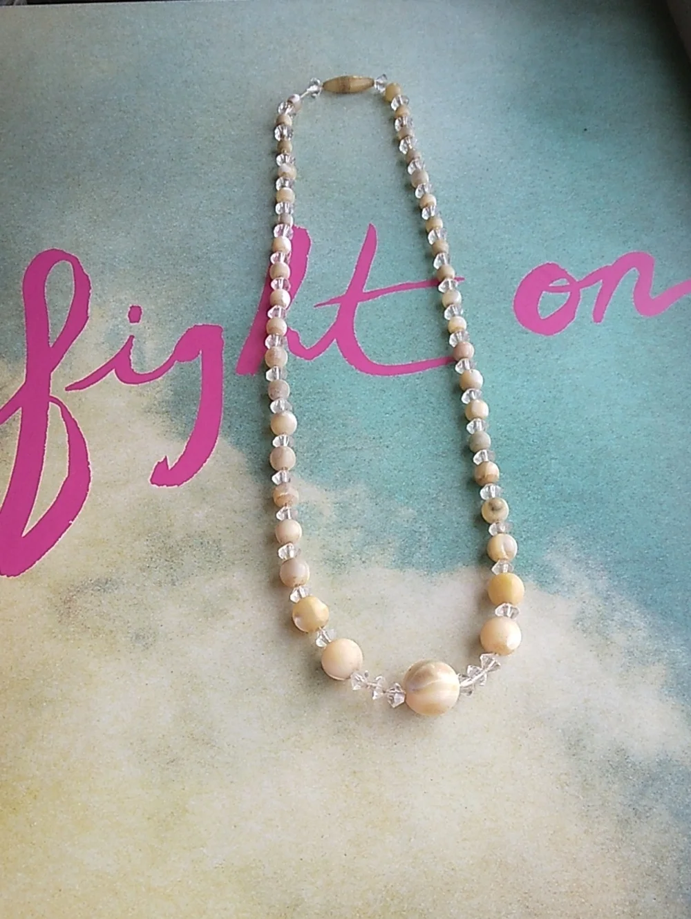 Vintage MCM Cream Lucite and Clear Crystal Beaded Necklace